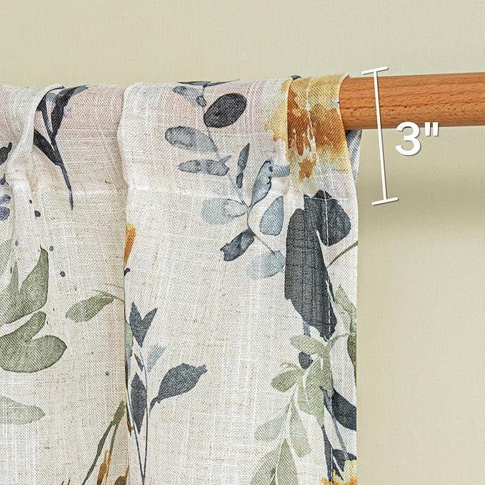 MYSKY HOME Floral Kitchen Curtains 36 Inch Length Linen Tier Curtains Farmhouse Blue Flower Patterned Small Window Treatments Airy Light Filtering Rod Pocket for Dining Room 2 Panels, Each 26" W