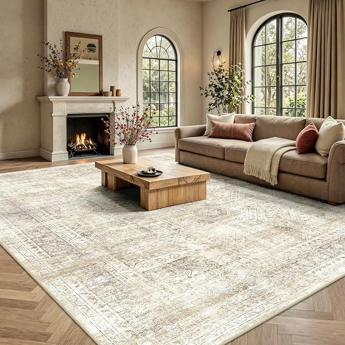 8x10 Area Rugs for Living Room, Washable Vintage Retro Floral Rug, Low Pile Non Slip Distressed Large Carpet for Bedroom, Dining Room, Office, Home (Beige)
