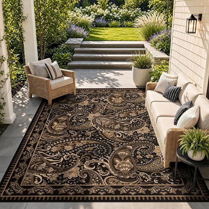 Arenarug Paisley Outdoor Rug Waterproof 9x12, UV Resistant Non Slip Patio Rug, Indoor Outdoor Boho Camping Rug Linen-Look RV Carpet for Deck Balcony Backyard, Taupe