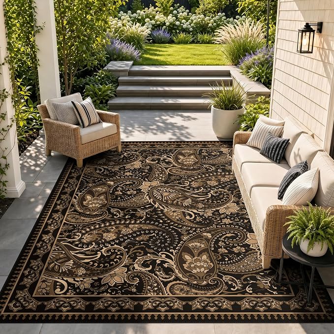 Arenarug Paisley Outdoor Rug Waterproof 8x10, UV Resistant Non Slip Patio Rug, Indoor Outdoor Boho Camping Rug Linen-Look RV Carpet for Deck Balcony Backyard, Taupe