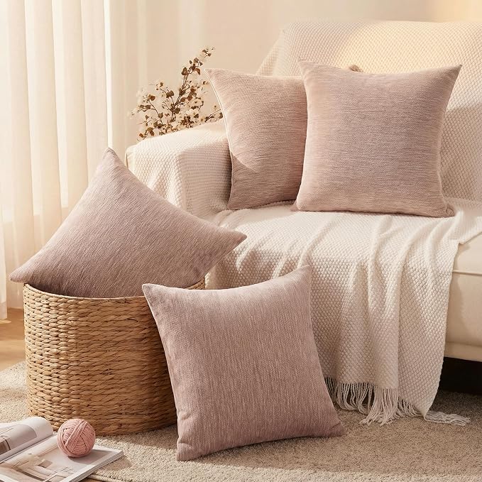 Set of 4 Blush Pink Throw Pillow Covers 24x24 Inch, Neutral Boho Farmhouse Aesthetic Decorative Pillow Cases for Couch, Sofa, Living Room & Bed, Chenille Pillow Cases, Stylish Home Decor, 60x60 cm