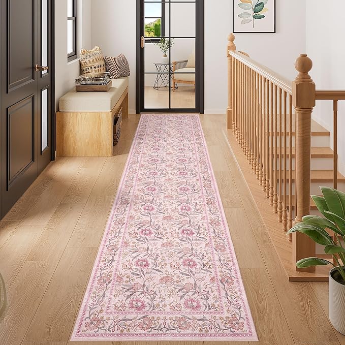 DUKINO 2x8 Runner Rug, Washable Vintage Floral Kitchen Rugs, Pink | Non Slip, Low Pile, Stain Resistant Aesthetic Soft Carpet Runner for Hallway Bathroom Entryway Bedroom Farmhouse Laundry Room