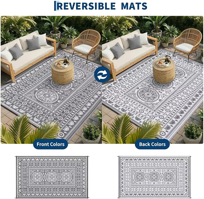 Garvee Reversible Outdoor Rug 9x12 for Patio, Waterproof Outdoor Area Rug, Modern Medallion Indoor Outdoor Rugs, Plastic Straw Rug for RV, Camping, Deck, Vintage Grey