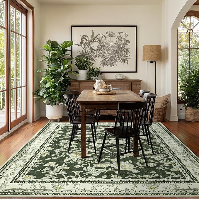 Olive Green Area Rugs 6x9 Living Room Washable Boho Vintage Sketch Floral Cream Beige Rugs for Bedroom Non Slip Soft Carpet for Dining Room Kids Girls Nursery, Lounge Peony Lily Pattern Floral Rug
