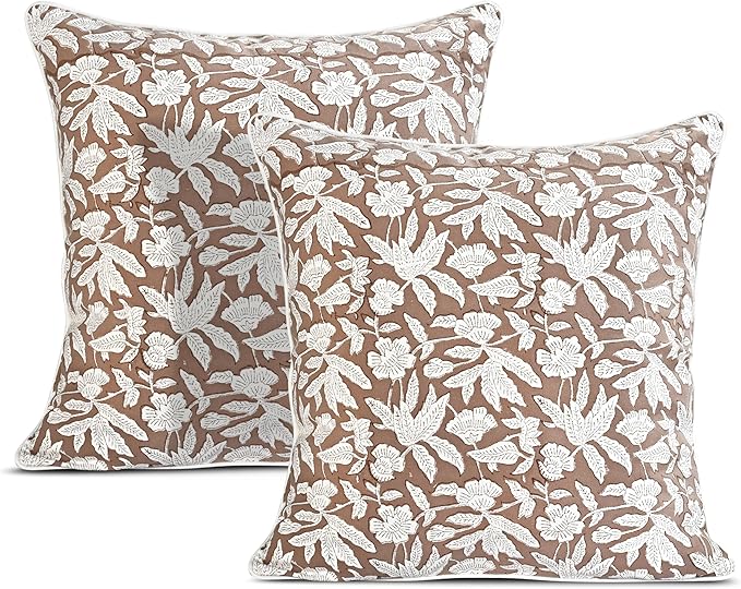 Ridhi Oak Brown Block Print Cotton Piping Throw Pillow Covers 16x16 Set of 2 Decorative Couch Pillows for Living Room, Chic Boho Cute Outdoor Pillows Covers Gifts for Christmas, Thanksgiving