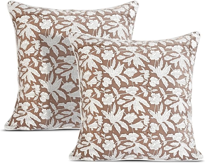 Ridhi Block Print Oak Brown Pillow Cover 24" x 24" (Pack of 2) Decorative Couch Pillows for Living Room, Farmhouse Chic Boho Cute Outdoor Pillows Covers Gifts for Spring, Mother's Day