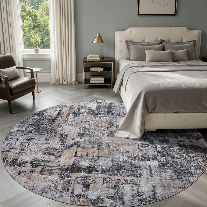 Sasttie 6ft Soft Round Area Rug, Modern Abstract Washable Circle Carpet for Living Room, Bedroom, Dining Room Table, with Non-Slip Backing, Black and Cream
