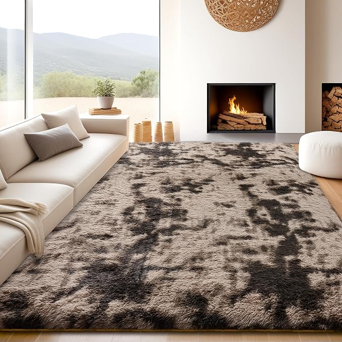 9x12 Tie-Dyed Brown Fluffy Shag Area Rugs for Living Room Bedroom | Ultra Soft Comfy, Large Fuzzy Shaggy Plush Carpet for Kids Boys Girls Teen Dorm, Modern Indoor Home Decor, Upgrade Non-Slip