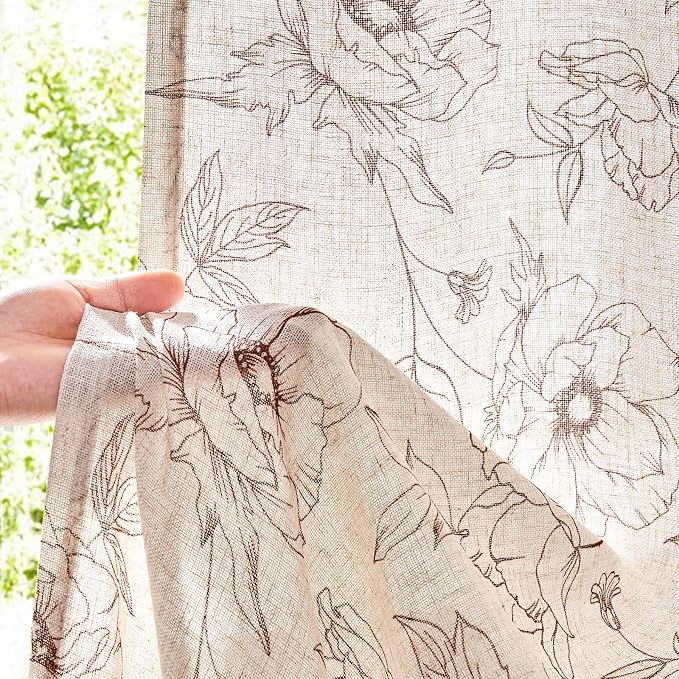 jinchan Floral Linen Curtains for Living Room 84 Inch Length Brown Flower Curtain Rod Pocket Back Tab Farmhouse Curtains with Printed Floral Bedroom Window Curtain Set, 2 Panels Brown