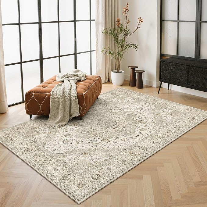 Roxstand Washable 3x5 Area Rug, Non Slip Rug for Entryway Ivory/Beige | Low Pile Vintage Rug, Stain Resistant, Non-Shedding Design, Pet & Kid Friendly, Carpet for Living Room, Bedroom, Dining Room