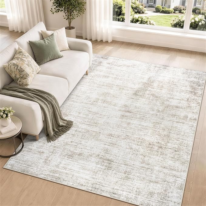 6x9 Area Rugs for Living Room Washable Rugs Neutral Abstract Large Rug Soft Modern Carpet Non-Slip Stain Resistant Low Pile Rug for Bedroom Dining Room Nursery Home Office Under Table Area Rug Brown