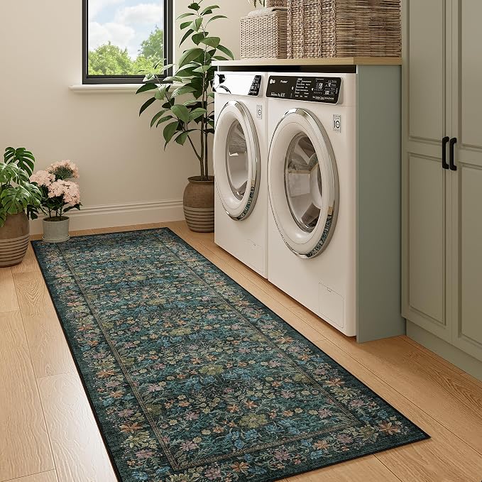 DUKINO 2x6 Runner Rug, Washable Vintage Floral Kitchen Rug, Blue | Non Slip, Low Pile, Stain Resistant Boho Soft Throw Carpet Runner for Hallway Bathroom Laundry Bedroom Entryway, Non-Shedding