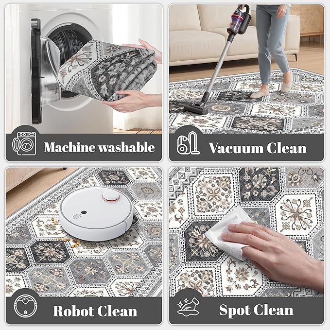 6x9 Area Rugs for Living Room, Non-Slip Vintage Boho Moroccan, Gray/ Gold | TTelephant Soft Low-Pile Printed Washable Gray Rug for Living Room, Bedroom, Dining Room, Playroom