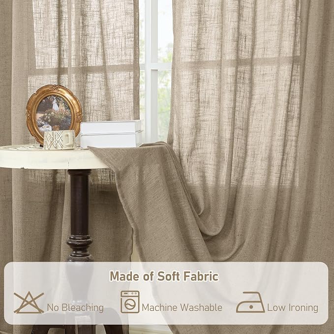 LAMIT Taupe Linen Boho Curtains 80 inch Length 2 Panels, Light Filtering Semi Sheer Panels Back Tab and Rod Pocket Neutral Drapes for Bedroom/Living Room, 34 x 80 Inch