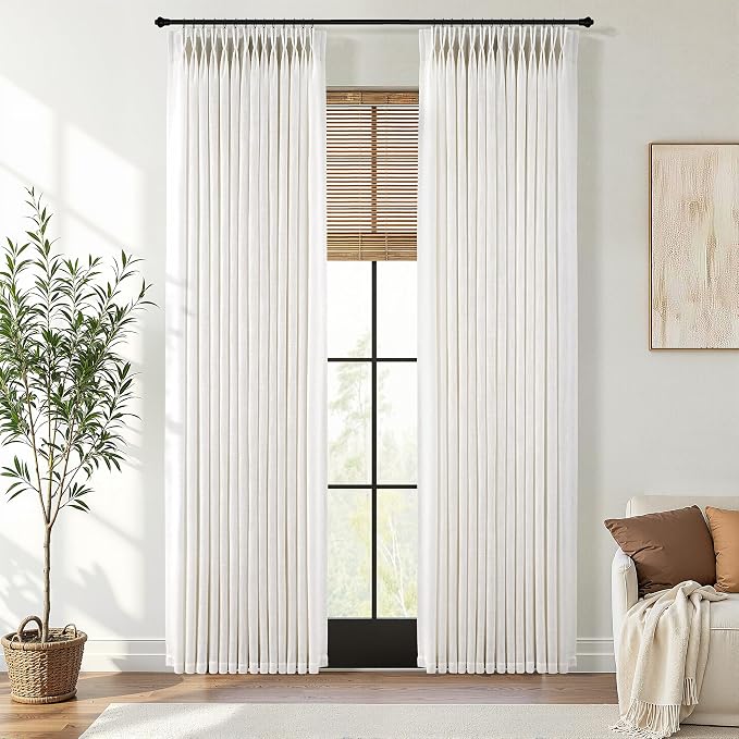 Pinch Pleated Curtains 102 Inches Long for Living Room Track System Semi Sheer Drapes Light Filtering Pinch Pleat Linen Curtains Neutral Birch Cream Beige Ivory Pleated Window Drapes with Hooks Clips
