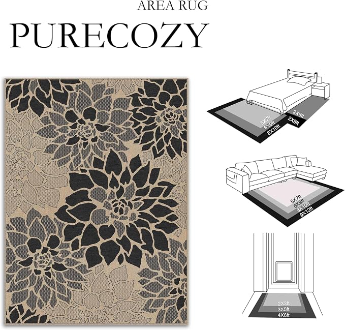 PureCozy 9x12 Easy Jute Outdoor Rug Black Floral Textured Indoor Outdoor Area Rug Farmhouse Patio Carpet for Backyard, Patio, Porch, Easy-Cleaning, High Traffic, Pet-Friendly, Non-Shedding