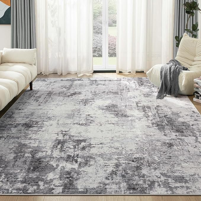 Abstract 6x9 Area Rug: Machine Washable Non Slip Ultra Thin Low-Pile Carpet, Soft Stain Resistant for Living Room Bedroom Nursery, Kid Pet Friendly, Robot Vacuum Compatible - Grey