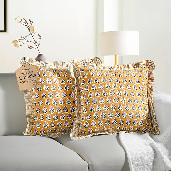 CPC Yellow Citrine Ruffle Throw Pillow Covers for Couch, 18x18 Inch Cotton Stripe Ruffle Couch Pillows for Living Room, Hidden 14 Inch Zipper Boho Pillow Case or Cute Outdoor Ruffle Pillows