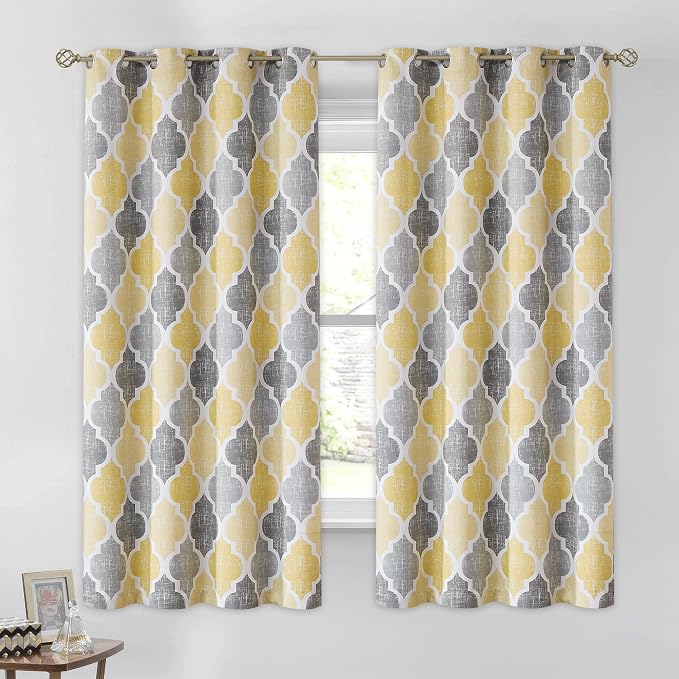 Beauoop Moroccan 100% Blackout Curtains Bedroom Yellow Grey 50x45 2 Panels | Geometric Room Darkening Drapes for Living Room 45 Inch Long Thermal Insulated Soundproof Lattice Window Treatment Grommet