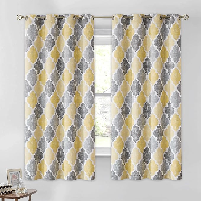 Beauoop Moroccan 100% Blackout Curtains Bedroom Yellow Grey 50x54 2 Panels | Geometric Room Darkening Drapes for Living Room 54 Inch Long Thermal Insulated Soundproof Lattice Window Treatment Grommet