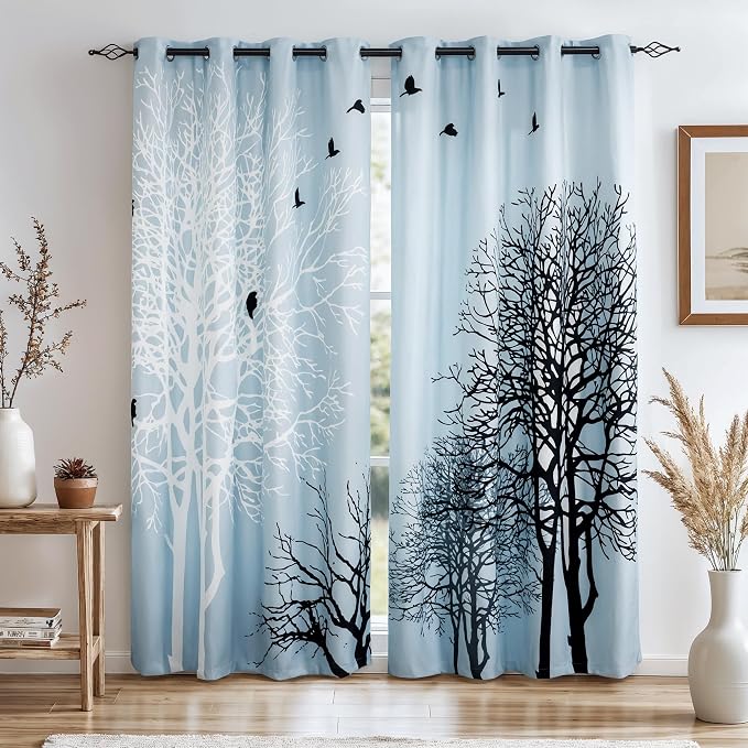 SUBRTEX Blackout Curtains 52Wx108L, Room Darkening Floral Curtains, Thermal Insulated 2 Panels Window Drapes, Boho Farmhouse Curtains for Living Room Bedroom Window Treatments, Light Blue