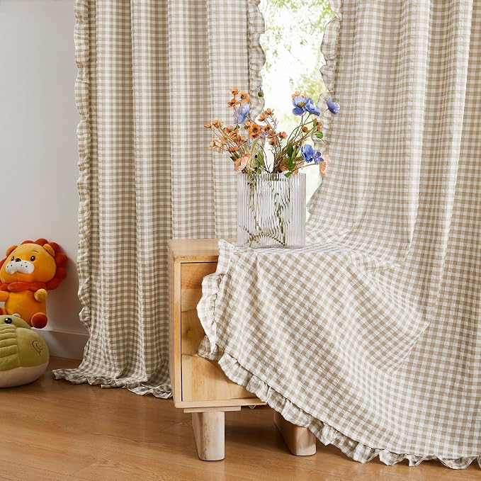 ZJDECOR 63 Inch Khaki Buffalo Plaid Ruffle Window Curtains for Bedroom | Crinkle Not-See-Through Sheer Panels,Cozy Buffalo Check Pattern Drapes,Farmhouse Window Treatment,Rod Pocket,40"Wx63"Lx2