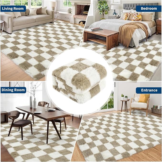 Garvee Checkered Rug 4x6 Super Soft Shaggy Rugs Fluffy Carpets Fluffy Fuzzy Rug for Living Room Bedroom,Checkered Fluffy Rugs for Girls Kids Room, Shag Plush Carpet for Teen Room Decor, Taupe-White