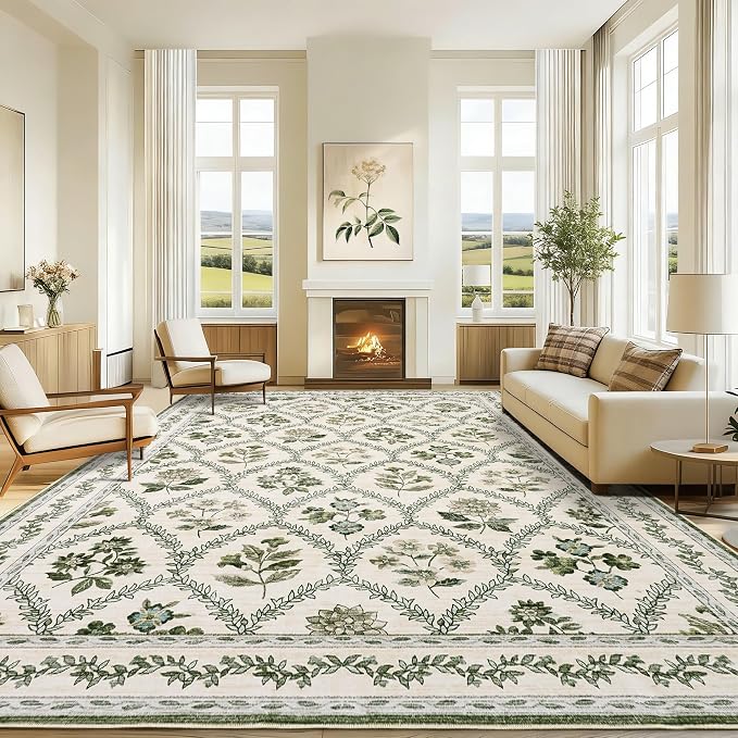 Olive Green Area Rug 8x10 Living Room Area Rugs Vintage Boho Farmhouse Green and Beige Floral Extra Large Floor Covering for Bedroom Non Slip Machine Washable Soft Carpet for Dining Room Office