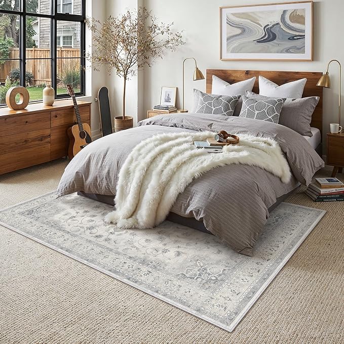 HUGEAR Area Rugs 5x7 Machine Washable Vintage Grey Living Room Bedroom Rug Throw Carpet Non Slip Stain Resistant Low Pile for Home Retro Aesthetic Modern Decor