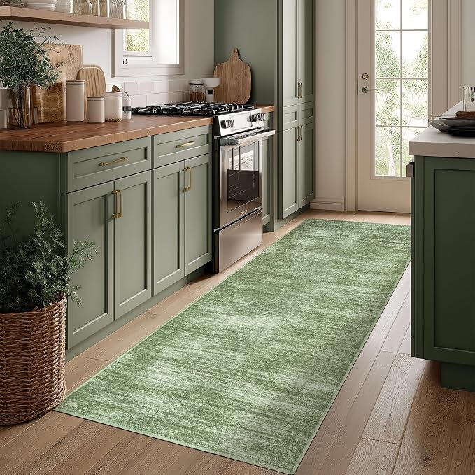 BILEEHOME 2x6 Runner Rug for Hallways Soft Washable Modern Olive Green Rugs | Dark Green Floor Covering Carpet, with Low Pile Non Slip, Neutral Abstract, for Kitchen Bedside Bathroom, 2 x 6, Foldable