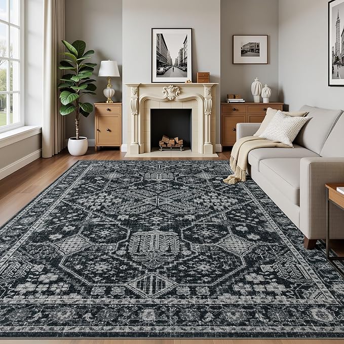 Joydeco 8x10 Area Rugs for Living Room, Non Slip Machine Washable Vintage Rug, Low Pile Thin Chenille Print Rugs for Bedroom, Dining Room, Pet & Child Friendly, Home Office, Dark Gray&Light Gray&Black