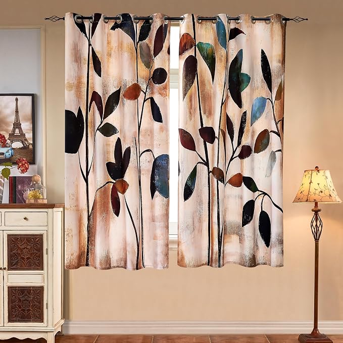 SUBRTEX Boho Leaf Printed Curtains 63 inch Long 2 Panels, Room Darkening Vibrant Floral Drapes, 50% Blackout Light Flitering Semi Sheer Farmhouse Curtains for Living Room, 52Wx63L, Brown Leaf