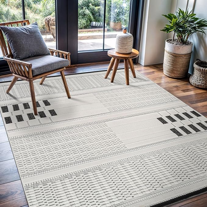CAMILSON Modern Rug 4x6 Luxury Geometric Pattern Micro Loop Area Rugs Soft High and Low Pile Stain Resistant Easy to Clean Non-Shedding Durable Living Room Kitchen Indoor Carpet (White/Black)