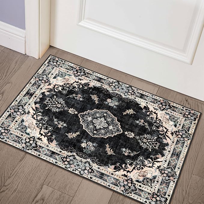 MUJOO Black Rug 2'x3' Washable Area Rug Small Non Slip Low-Pile Floral | Machine Washable Throw Carpet for Entryway Kitchen Bathroom Bedroom Boho Soft Indoor Vintage Bohemian Distressed Flowers