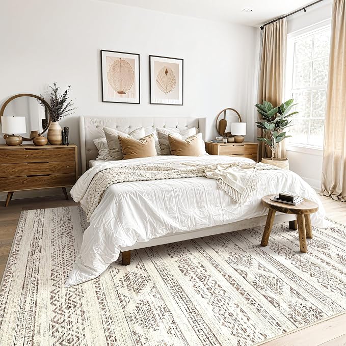 Tortania Area Rug Living Room Rugs - 7x9 Washable Large Soft Neutral Boho Moroccan Bohemian Farmhouse Rug Indoor Floor Carpet for Bedroom Under Dining Table Home Office Decor - Brown