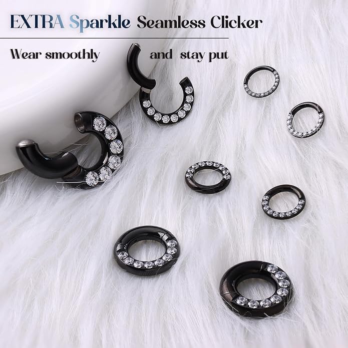 BodyBonita G23 Titanium 0G 2G 4G 6G 8G 10G 12G 14G CZ Septum Rings PA Nose Hoops Clicker Ear Weights for Stretched Ear Piercing Jewelry 10mm 12mm Silver/Gold/Black