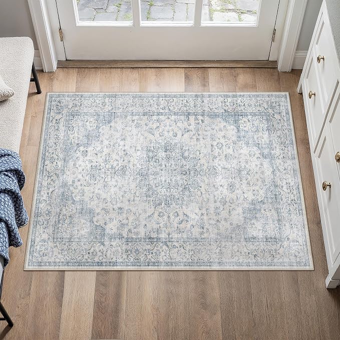 PureCozy 2x3 Washable Small Entryway Rug Neutral Blue Vintage Floral | Non Slip, Soft Low Pile, Door Mat for Bathroom, Indoor Entrance, Kitchen, Coastal Decor
