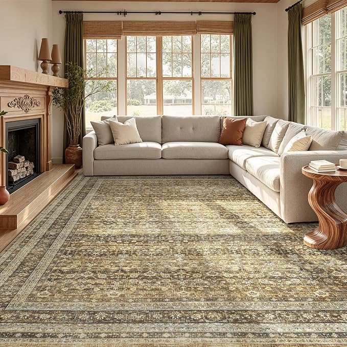 8x10 Washable Area Rugs for Living Room Bedroom, Non-Slip Large Rugs | Vintage Distressed Retro; Low Pile; Stain Resistant; Neutral Boho Carpet for Dining Room, Nursery, Home Office; Caramel Brown