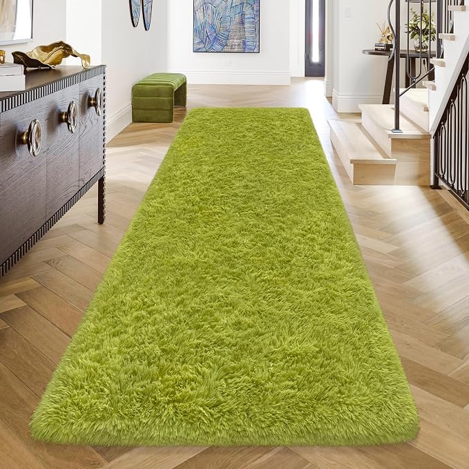 Soft Grass Green Fluffy Rug for Bedroom Living Room, 3x10 ft Fuzzy Green Shag Rug Runner Carpet for Hallways Entryway Nursery Bedside Kids Room Teen Dorm Home Decor Indoor