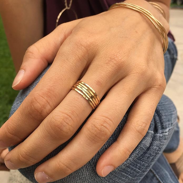 Ellie J Maui Hammered Ring, 1mm Thin Stacking Rings, Minimalist Rings for Women, 14K Gold Filled Rings for Teen Girls Midi Knuckle Pinky Finger Jewerly (Size 3-11)