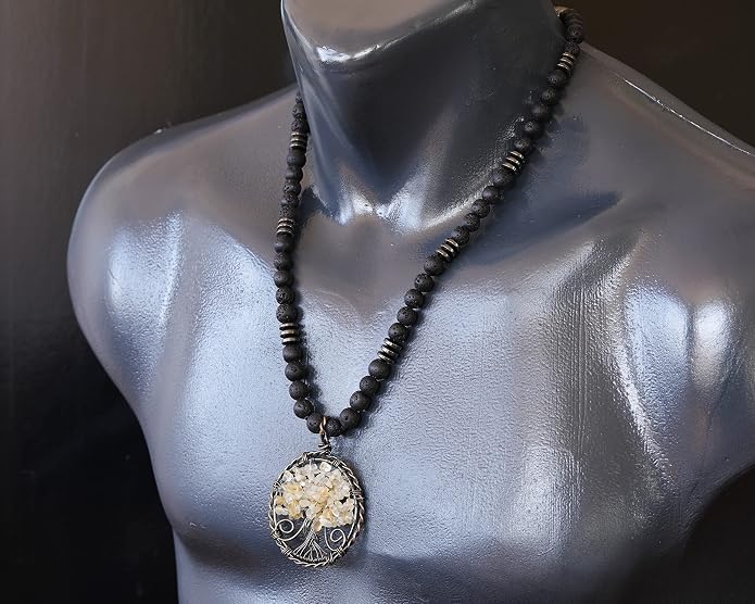 ElisaJewelryArt - Natural Labradorite Big Tree Of Life Black Lava Stone Beaded Necklace Genuine Gemstone Energy Stone Clasp Closure Necklace Unisex Necklace