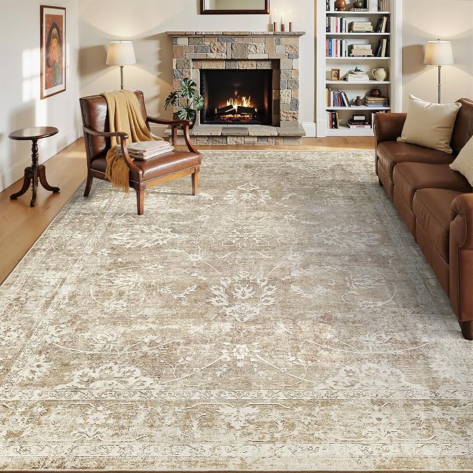 Madane 5x7 Area Rugs for Living Room, Washable Vintage Neutral Rug with Non-Slip Backing, Soft Floral Print Throw Rugs Floor Low Pile Carpet for Bedroom Dining Room Farmhouse (5 x 7, Beige/Brown)