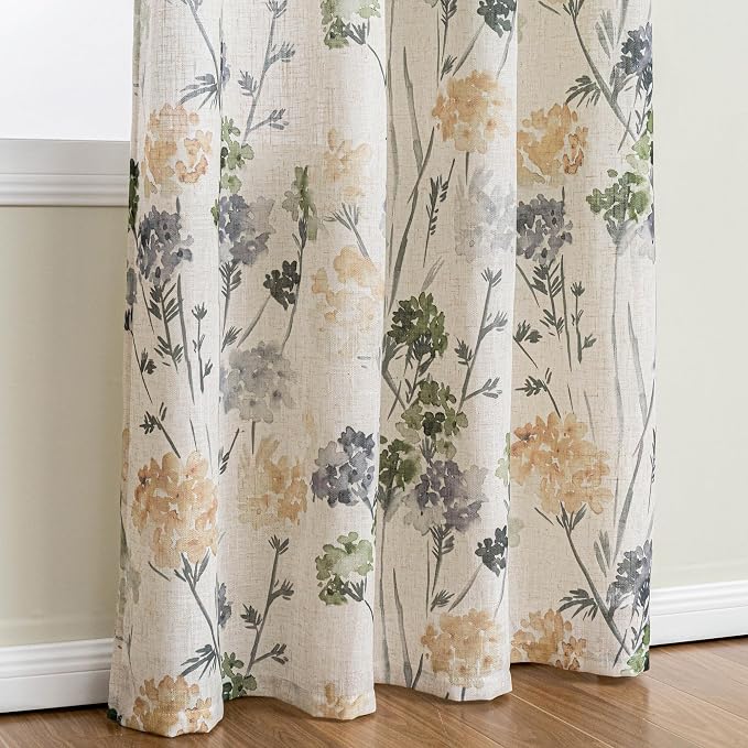 MYSKY HOME Sage Green Floral Linen Spring Curtains 63 inch Long 2 Panels Set Semi Sheer Light Filtering Farmhouse Flower Pattern Grommet Top for Living Room Bedroom, 52" W Each Panel