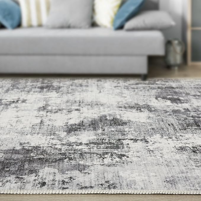 Abstract 12x14 Area Rug: Machine Washable Non Slip Ultra Thin Low-Pile Carpet, Soft Stain Resistant for Living Room Bedroom Office, Kid Pet Friendly, Robot Vacuum Compatible - Grey