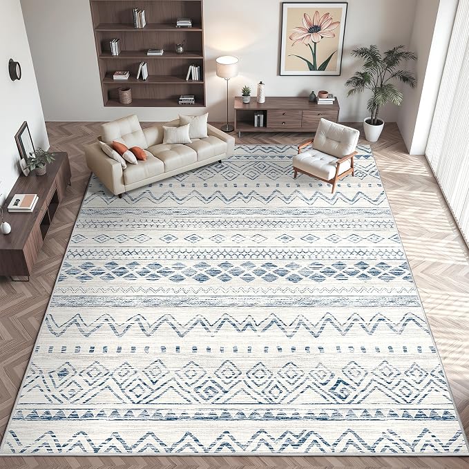 Miukiki 8x10 Area Rug for Living Room Moroccan Washable Rugs Non Slip Indoor Floor Carpet Foldable Large Soft Area Rug for Dining Room Bedroom with Low Pile(Blue,8'x10')