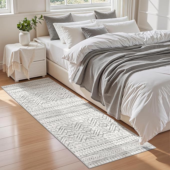 Miukiki 2x5 Hallway Runner Rug Moroccan Washable Kitchen Rug Non Slip Indoor Floor Kitchen Runner Rug Foldable Carpet for Bathroom Laundry Room with Low Pile(Grey,2'x5')