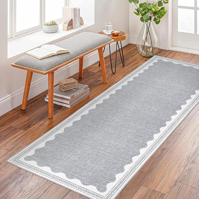2.5x8 Scalloped Runners Grey Washable Hallways Bedroom Rug | Solid Non Slip Scalloped Bath Runner, Rugs for Bedroom Girls, Rugs for Kitchen Floor Soft Dorm Nursery Carpet for Bedside