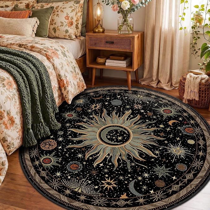 Vacuum-Friendly, Round 4ft Washable Area Rug, Black Green Beige | Sun and Moon Boho Gothic Non-Slip Low Pile Living Roon Bedroom Dining Room Kitchen Entry Entryway Entrance Hallway Doormat