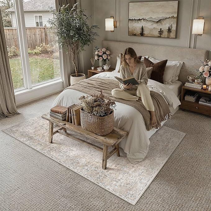HUGEAR Beige Area Rugs 5x7 Washable Rug Indoor Carpet | Living Room Rug,Vintage Rug,Bedroom,Dining Room,Office,Farmhouse,Non-Shedding,Non Slip,Low Pile,Soft