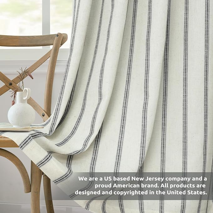 DriftAway Farmhouse Linen Stripe Blackout Curtains, W52xL63, Black | Blackout, Linen Texture, Stripe Pattern, Rod Pocket & Back Tab, Two Layers, Bedroom Living Room Use, Sound Reducing Design